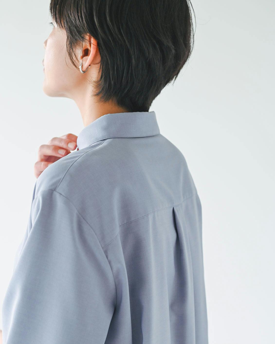 「夏にうれしい新定番」涼やか素材のドロスト半袖シャツ / アイスブルー　北欧 夏にうれしい新定番」涼やか素材のドロスト半袖シャツ（ホワイト