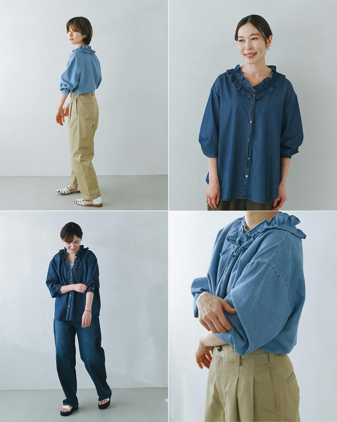 着用レビュー】フリルのデニムブラウスを3名のスタッフが着てみました