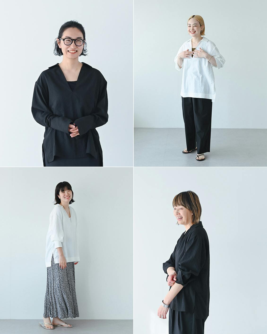 着用レビュー】とろみ素材のスキッパーブラウスを4名が着てみました